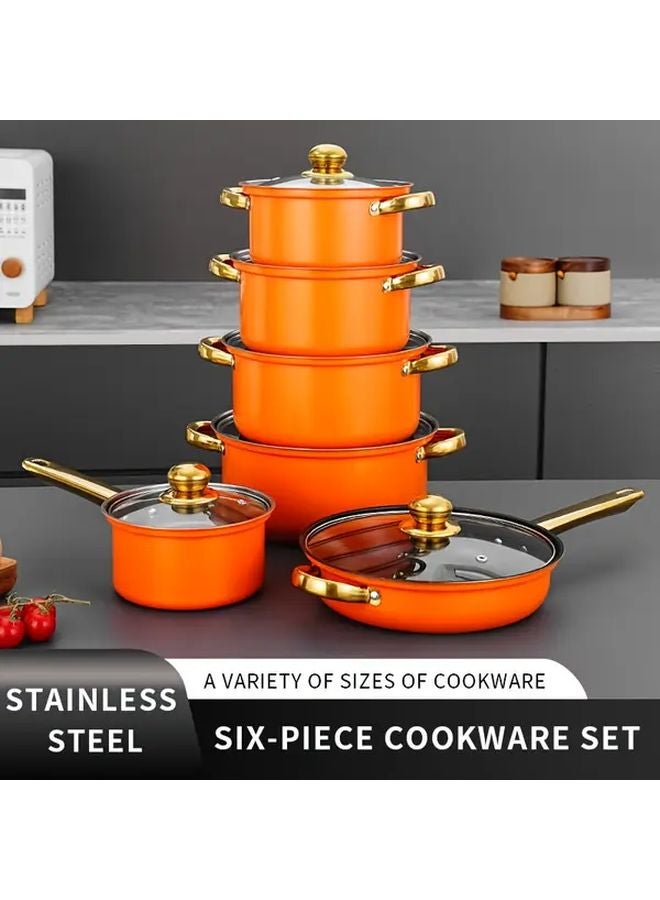 Orange 6 Piece Non Stick Cookware Set Pots Pans With Lids - Image 1