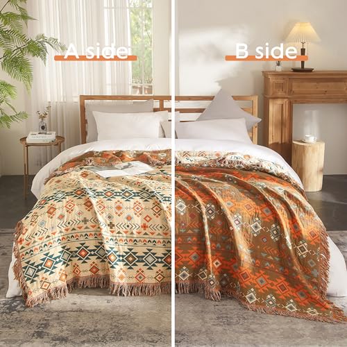 SE SOFTEXLY Boho Throw Blanket for Bed 60x80 100 Cotton Woven Blanket for Couch Sofa Ultra Soft 4Layer Muslin Quilt with Diamond Pattern Farmhouse Bed BlanketCover for Living Room Decor - Image 3
