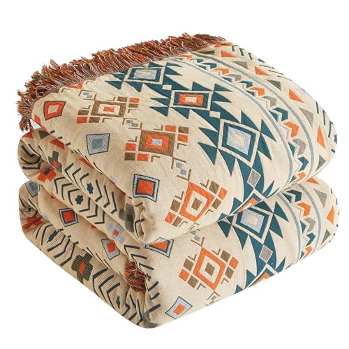 SE SOFTEXLY Boho Throw Blanket for Bed 60x80 100 Cotton Woven Blanket for Couch Sofa Ultra Soft 4Layer Muslin Quilt with Diamond Pattern Farmhouse Bed BlanketCover for Living Room Decor - Image 1