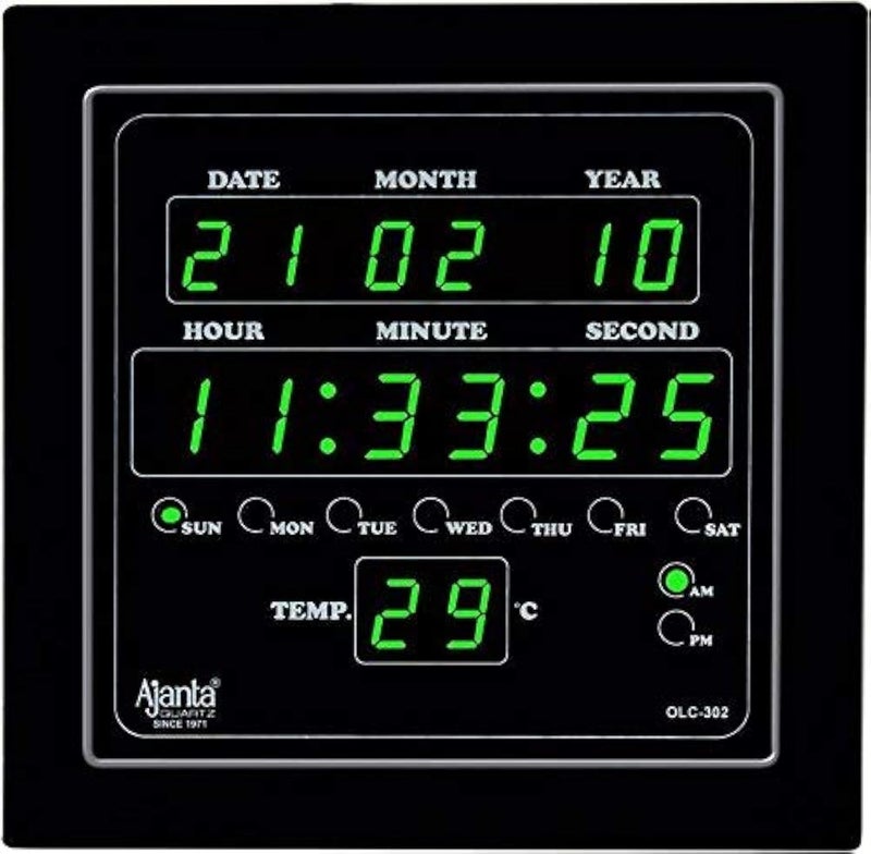 Ajanta Quartz Plastic Quartz Digital Green Led Square Wall Clock Olc - 302 (25.4 Cm X 3.5 Cm X 25.4 Cm) - Image 1
