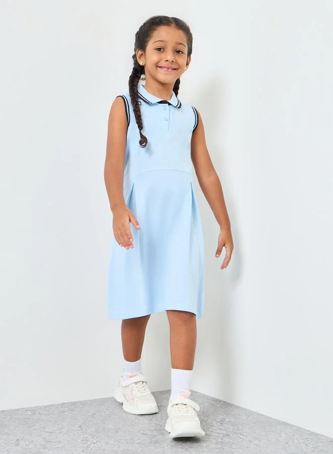 Styli Girls Blue Polo T-Shirt Dress with Tipping Detail