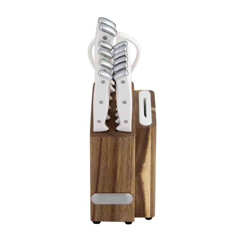Farberware Edgekeeper Triple Riveted Slim Acacia Knife Block Set with Built in Sharpener 14Piece White