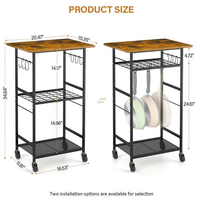 ThreeHio Rolling Kitchen Microwave Cart, 3 Tier Microwave Table Stand with Adjustable Shelf, Kitchen Storage Rack on Wheels, Coffee Station Cart Rack Shelf Organizer for Living Room Office, Balcony - Image 3