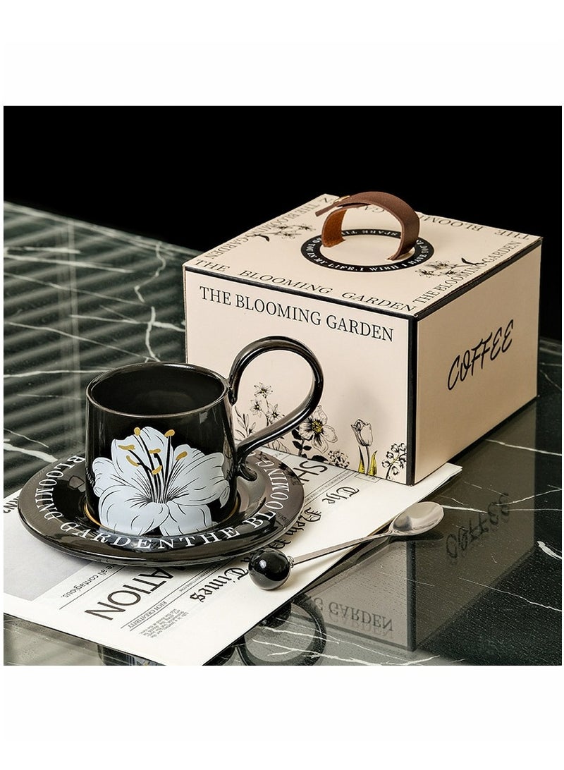 3 in 1 Ceramic Tea Set,including 1 elegant black and white floral coffee mug with a capacity of 260ml and 1 saucer,accompanied by 1 spoon with a black bead handle,beautifully packaged in a gift box,making it an ideal gift choice. - Image 1