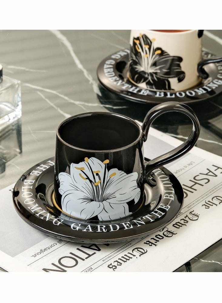 3 in 1 Ceramic Tea Set,including 1 elegant black and white floral coffee mug with a capacity of 260ml and 1 saucer,accompanied by 1 spoon with a black bead handle,beautifully packaged in a gift box,making it an ideal gift choice. - Image 2