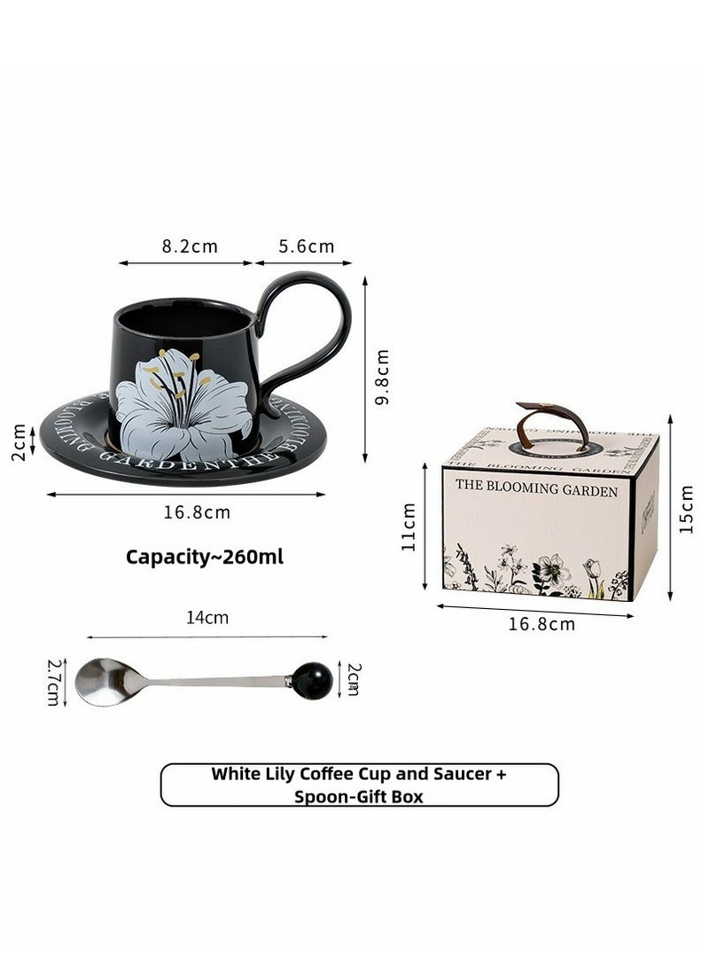 3 in 1 Ceramic Tea Set,including 1 elegant black and white floral coffee mug with a capacity of 260ml and 1 saucer,accompanied by 1 spoon with a black bead handle,beautifully packaged in a gift box,making it an ideal gift choice. - Image 3