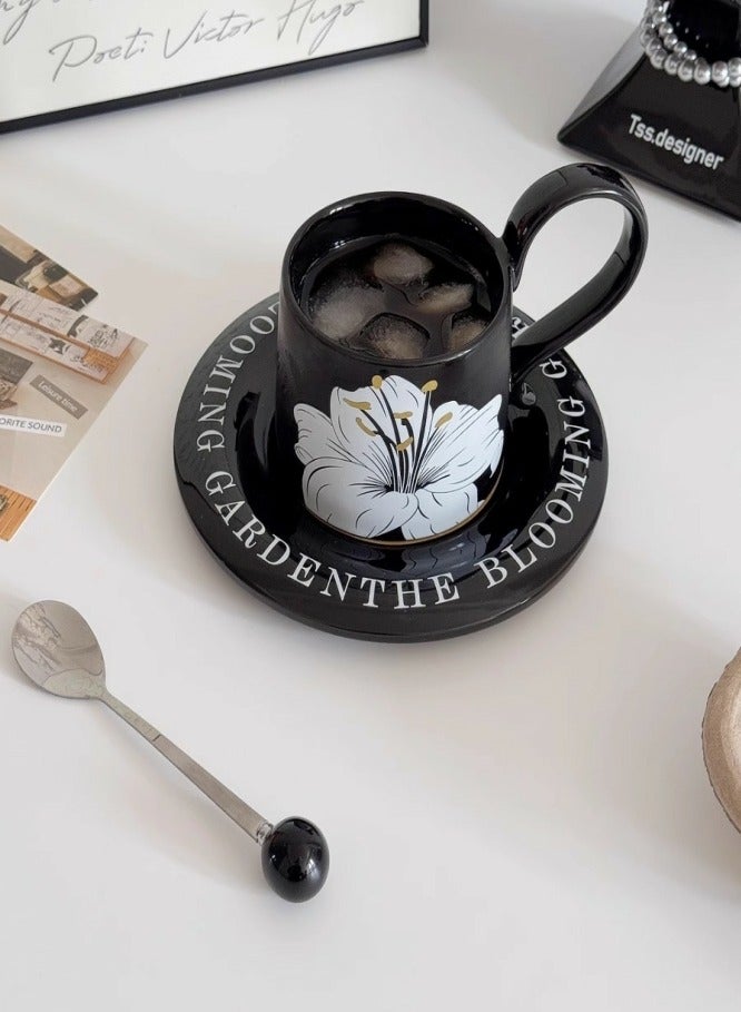 3 in 1 Ceramic Tea Set,including 1 elegant black and white floral coffee mug with a capacity of 260ml and 1 saucer,accompanied by 1 spoon with a black bead handle,beautifully packaged in a gift box,making it an ideal gift choice. - Image 5