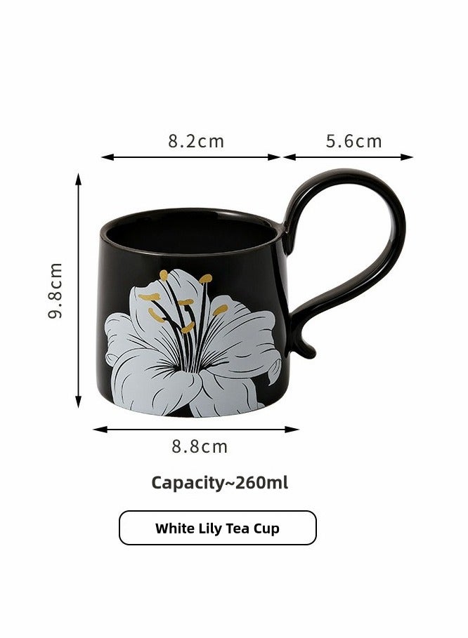 3 in 1 Ceramic Tea Set,including 1 elegant black and white floral coffee mug with a capacity of 260ml and 1 saucer,accompanied by 1 spoon with a black bead handle,beautifully packaged in a gift box,making it an ideal gift choice. - Image 4