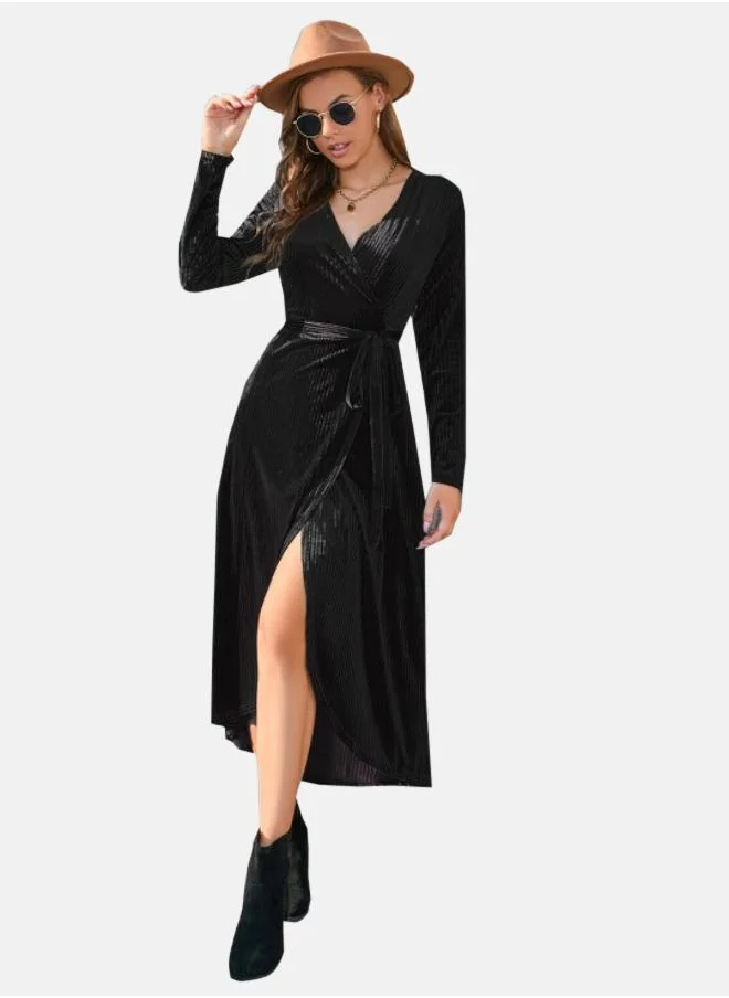 يونيكي Black V-Neck Tie Up Wrap Dress