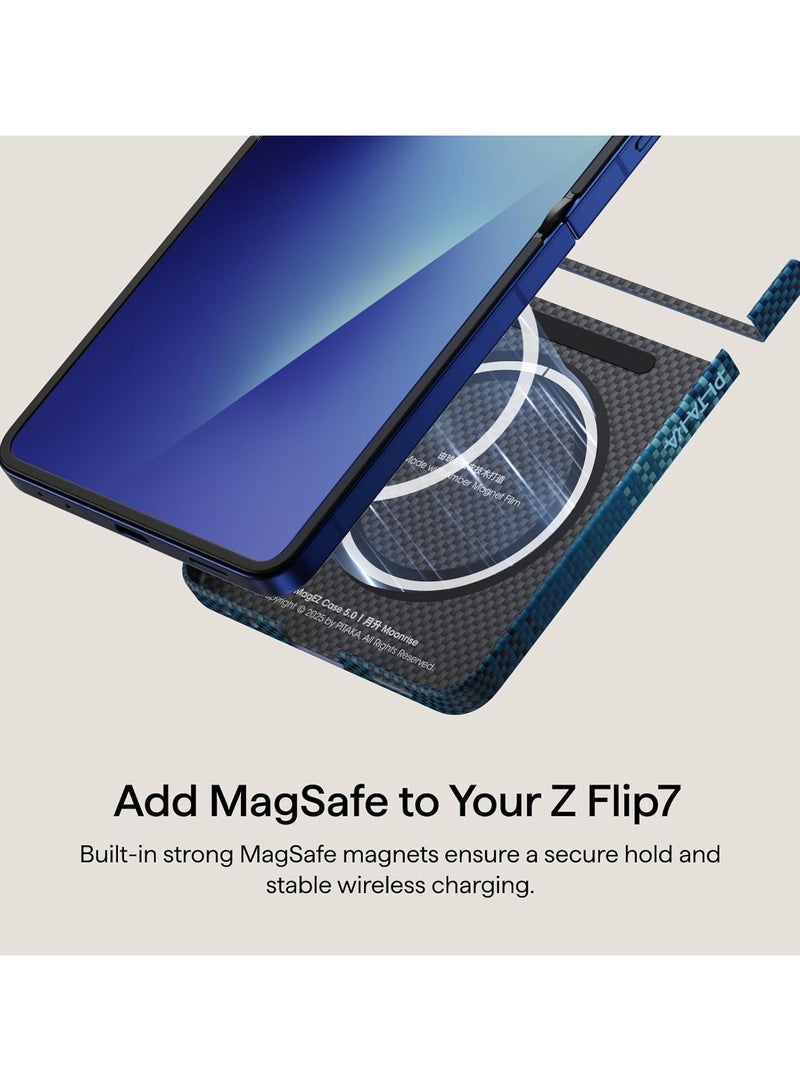 PITAKA حافظة بيتاكا لجهاز Z Flip 7، متوافقة مع MagSafe، حافظة رفيعة وخفيفة لجهاز Galaxy Z Flip 7 مع شعور باللمس بدون حافظة، مصنوعة من ألياف أراميد 1500D، شروق القمر - Image 5