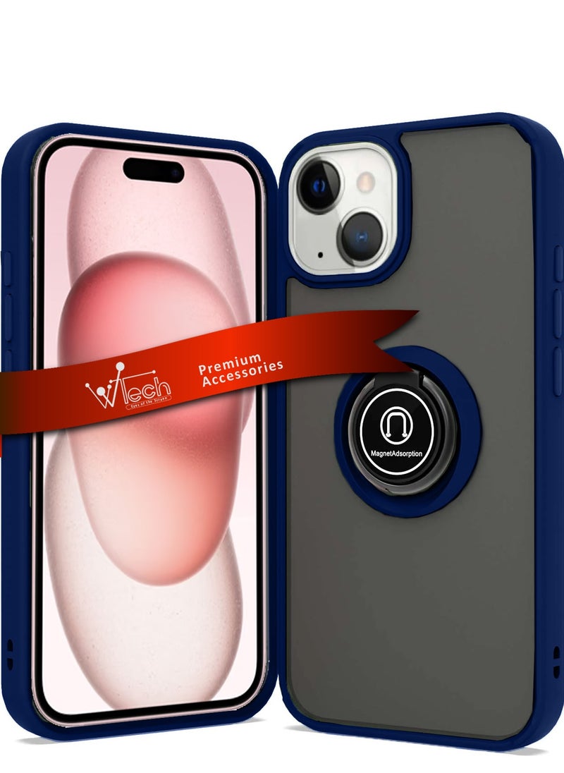 Wtech - Finger Grip Magnetic Hold Kickstand Ring Finger With Built-In Iron Case Cover For Apple iPhone 15 Plus 2023 Navy Blue - Image 1