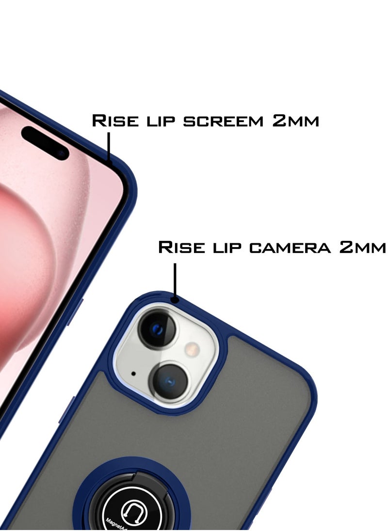 Wtech - Finger Grip Magnetic Hold Kickstand Ring Finger With Built-In Iron Case Cover For Apple iPhone 15 Plus 2023 Navy Blue - Image 1
