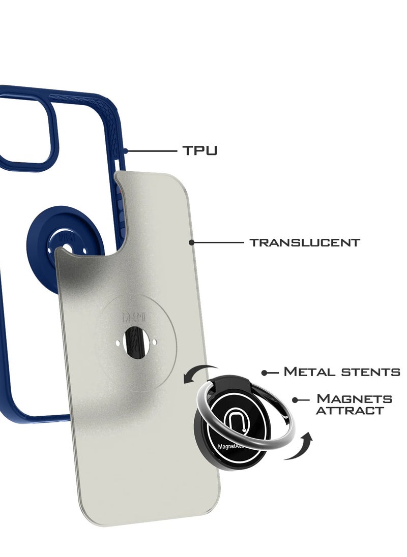Wtech - Finger Grip Magnetic Hold Kickstand Ring Finger With Built-In Iron Case Cover For Apple iPhone 15 Plus 2023 Navy Blue - Image 1