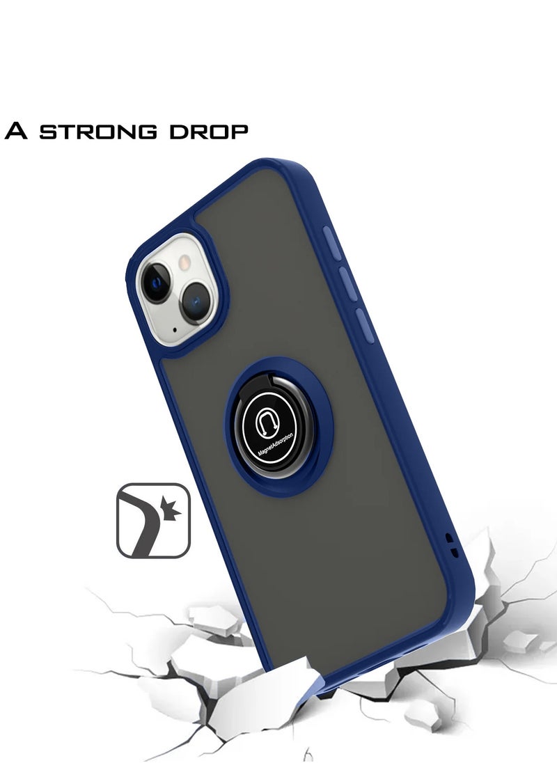 Wtech - Finger Grip Magnetic Hold Kickstand Ring Finger With Built-In Iron Case Cover For Apple iPhone 15 Plus 2023 Navy Blue - Image 1