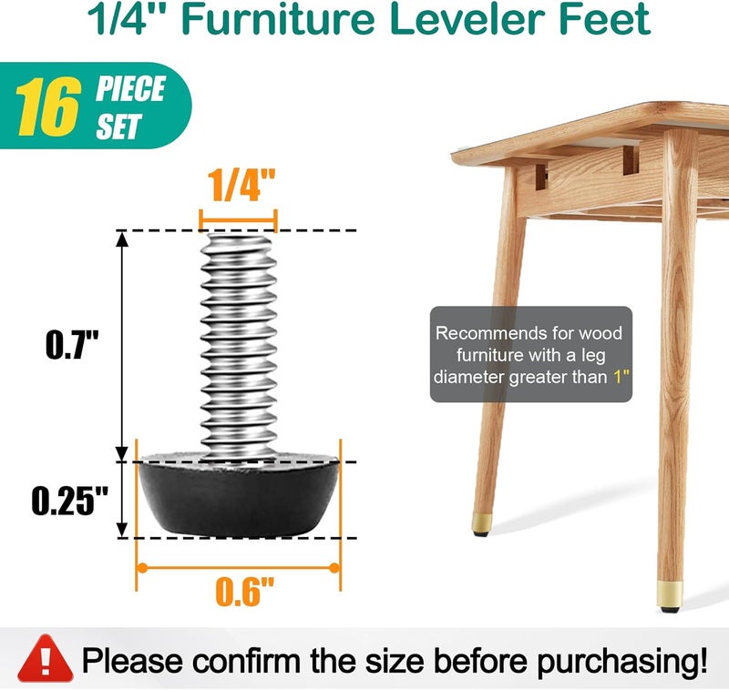 WAFJAMF 1/4-20‘‘UNC Thread Adjustable Furniture Levelers Table Feet Screw in Threaded, Screw on Chair Foot Glides Leveling for Tables, Chairs, Furniture Legs-16 Pcs (1/4-20UNC-16PCS) - Image 2