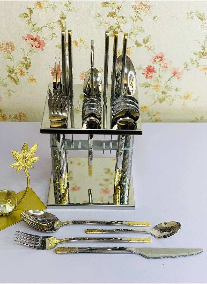 Generic - 24-piece spoon set, imported stainless steel holder, 10/18 stainless steel, configuration: 6 large spoons, 6 small spoons, 6 large forks, 6 small forks - Image 1