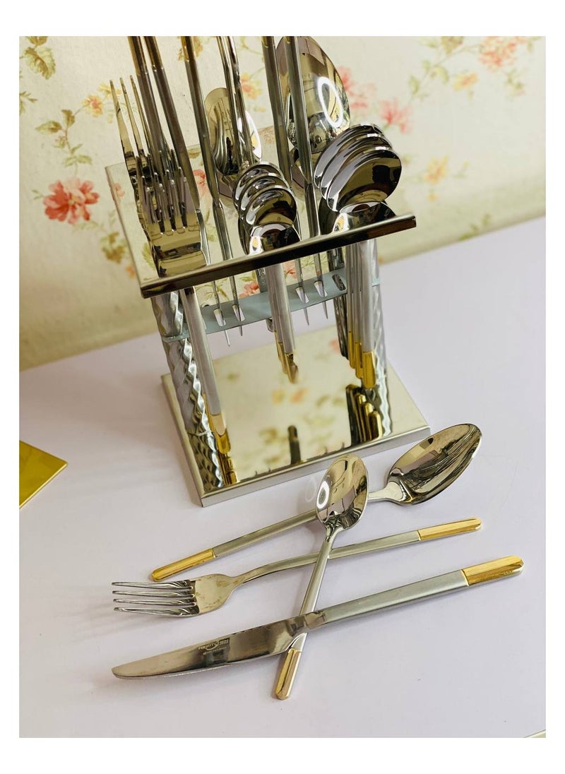 Generic - 24-piece spoon set, imported stainless steel holder, 10/18 stainless steel, configuration: 6 large spoons, 6 small spoons, 6 large forks, 6 small forks - Image 1