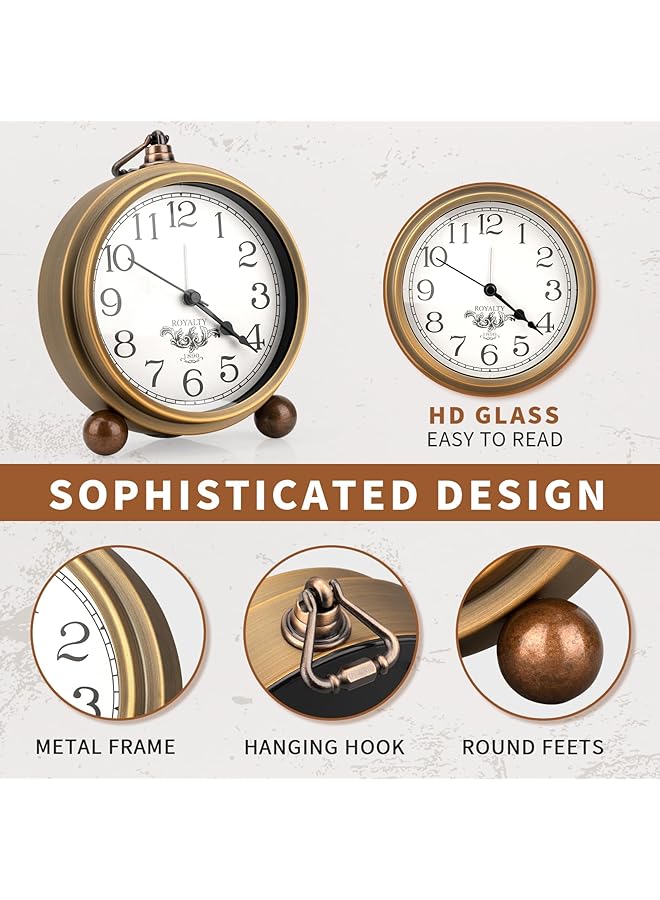إيروريكس ساعة طاولة معدنية ذهبية عتيقة غير موقوتة ساعة منبه صغيرة تعمل بالبطارية حركة كوارتز صامتة ساعة مكتب زجاجية عالية الدقة لغرفة النوم وغرفة المعيشة والديكور الداخلي للأطفال - Image 2