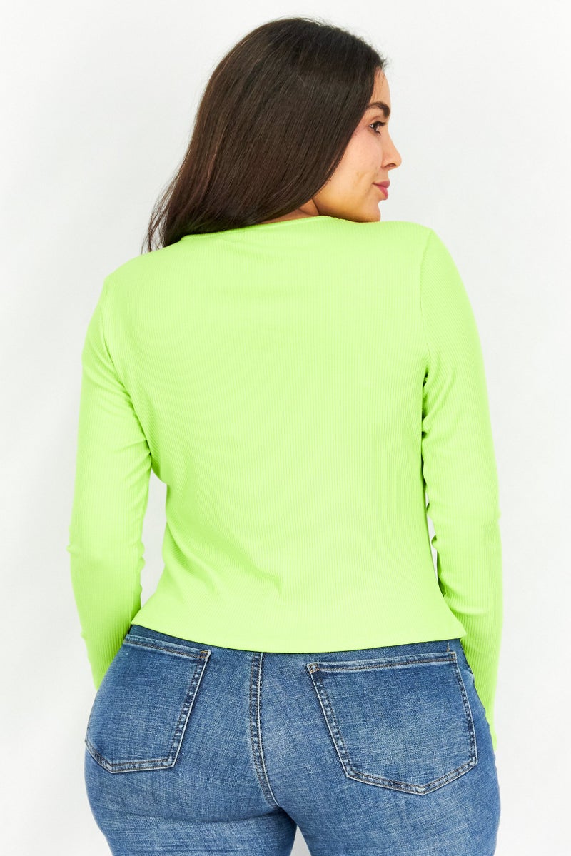 NA-KD Women Halter Neck Long Sleeve Rib Textured Top, Lime - Image 4
