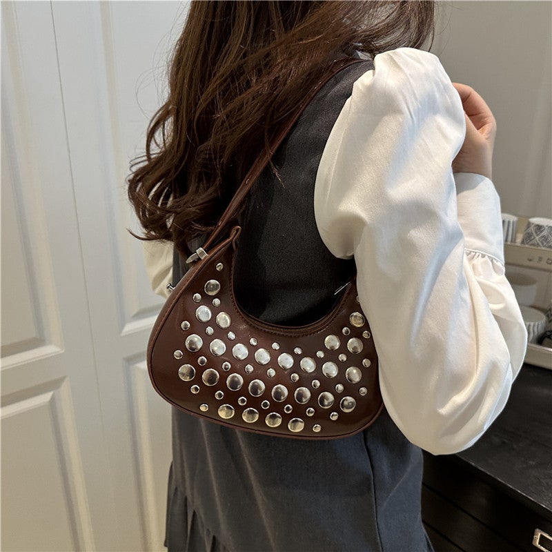 New Simple New Armpit Bag Personalized Trendy Cool Polka Dot Rivet Portable Bucket Bag For Women - Image 3