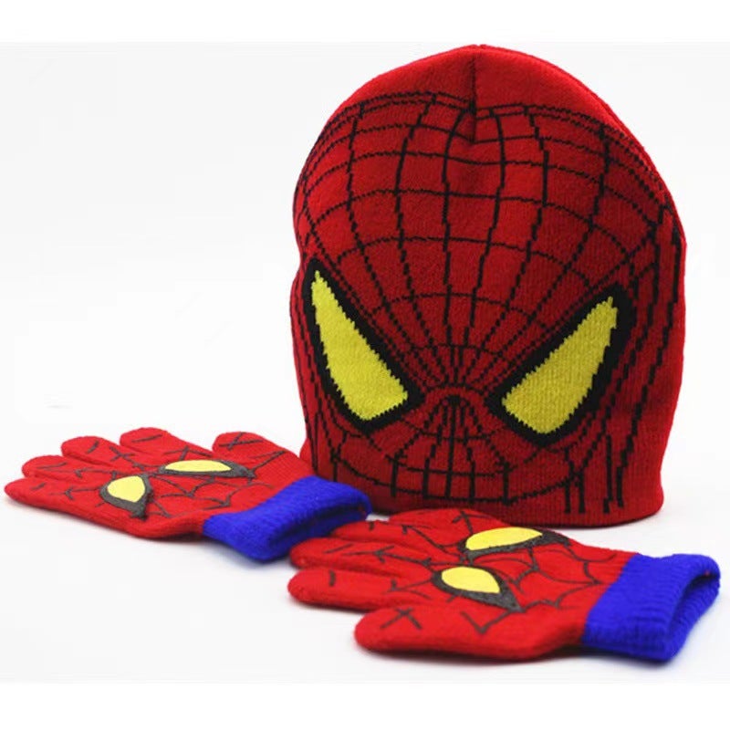 Spiderman childrens gloves autumn and winter tide treasure knitted wool childrens fleece-lined hat gloves two-piece wholesale Red Spider-Man gloves