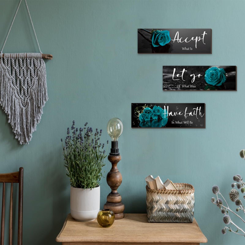 ZINYAZHE 3 Pcs Teal wall decor Inspirational Teal Bathroom Decor Wooden Rose Wall Art Turquoise Office Decoration with Accept Let Go Have Faith Quotes for Girl Women Bedroom 12 x 4 Inches - Image 3