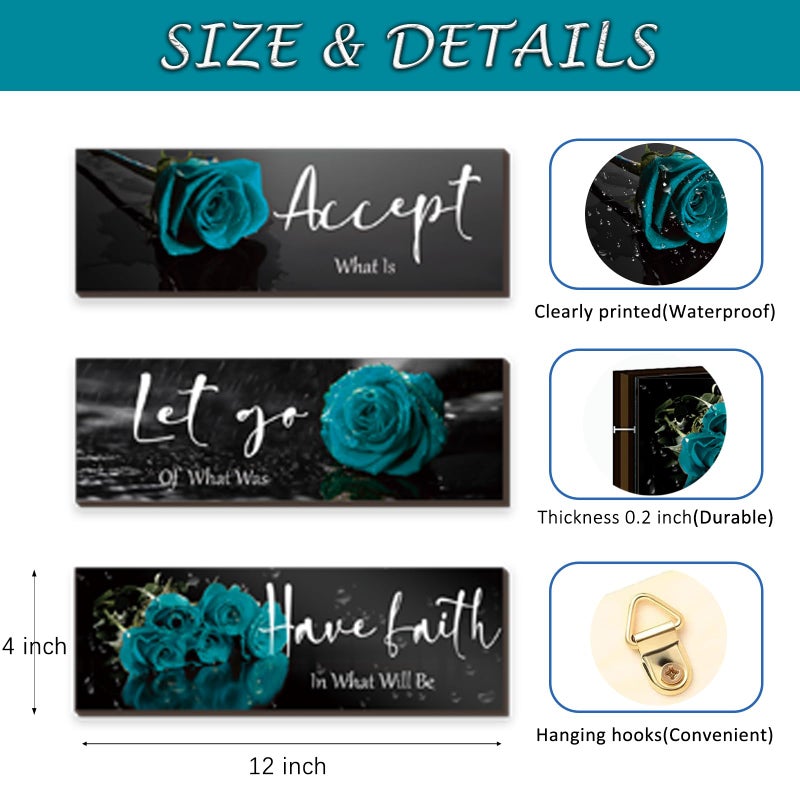 ZINYAZHE 3 Pcs Teal wall decor Inspirational Teal Bathroom Decor Wooden Rose Wall Art Turquoise Office Decoration with Accept Let Go Have Faith Quotes for Girl Women Bedroom 12 x 4 Inches - Image 5