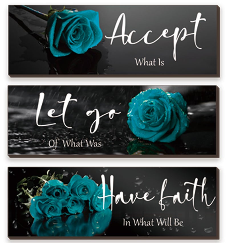 ZINYAZHE 3 Pcs Teal wall decor Inspirational Teal Bathroom Decor Wooden Rose Wall Art Turquoise Office Decoration with Accept Let Go Have Faith Quotes for Girl Women Bedroom 12 x 4 Inches - Image 1