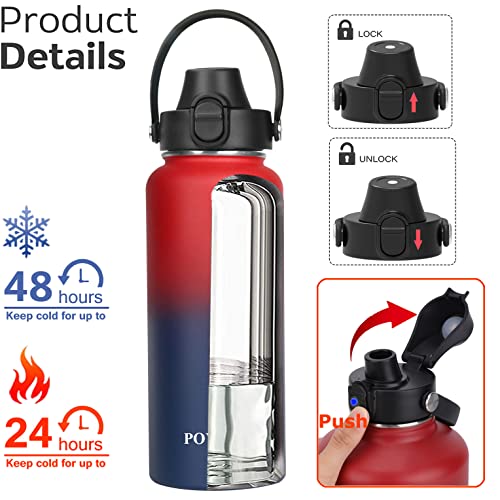 POYAKU Water Bottle Insulated 32oz 40oz 64oz 128oz Straw Lid Spout Lid & 3 Lids, Leak Proof, Vacuum Insulated,Stainless Steel Water Bottle Wide Mouth for Sports, Gym or Office (Dark Rainbow, 32 oz) - Image 2
