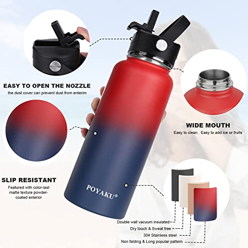 POYAKU Water Bottle Insulated 32oz 40oz 64oz 128oz Straw Lid Spout Lid & 3 Lids, Leak Proof, Vacuum Insulated,Stainless Steel Water Bottle Wide Mouth for Sports, Gym or Office (Dark Rainbow, 32 oz) - Image 4