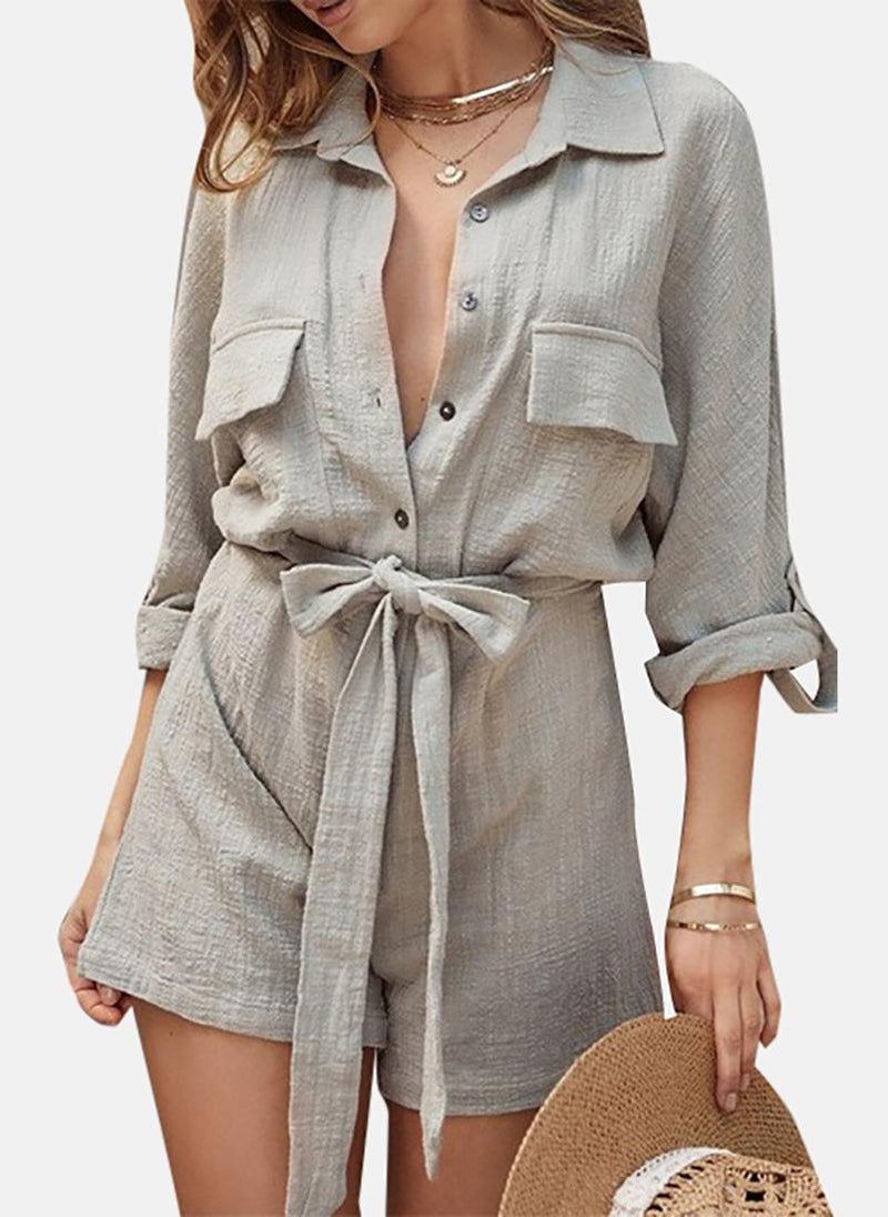 YUNIQEE Grey Solid Shirt Collar Playsuit - Image 1