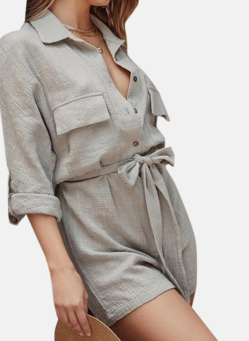 YUNIQEE Grey Solid Shirt Collar Playsuit - Image 3