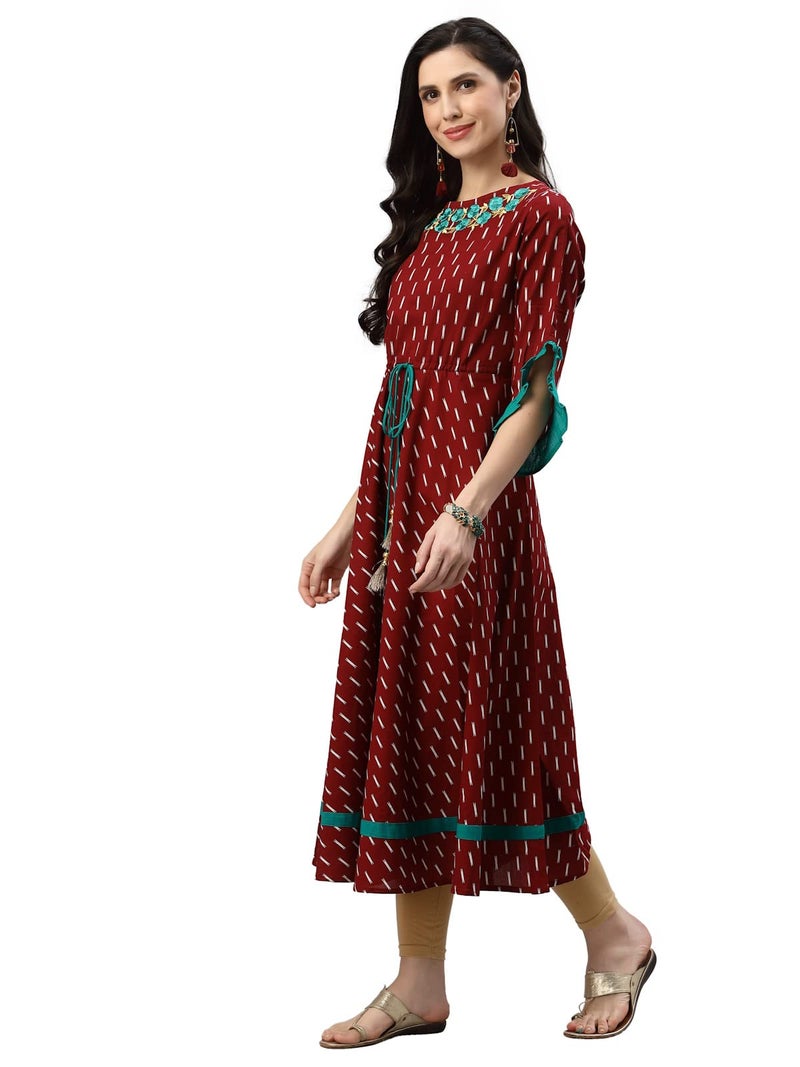 Yash Gallery Women's Cotton Ikat Print Flared Calf-Length Kurti Dress for Girl (Maroon, L) - Image 5