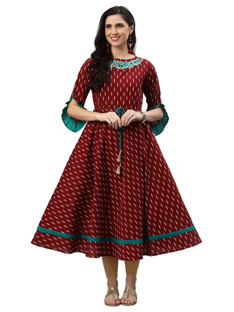 Yash Gallery Women's Cotton Ikat Print Flared Calf-Length Kurti Dress for Girl (Maroon, L) - Image 1