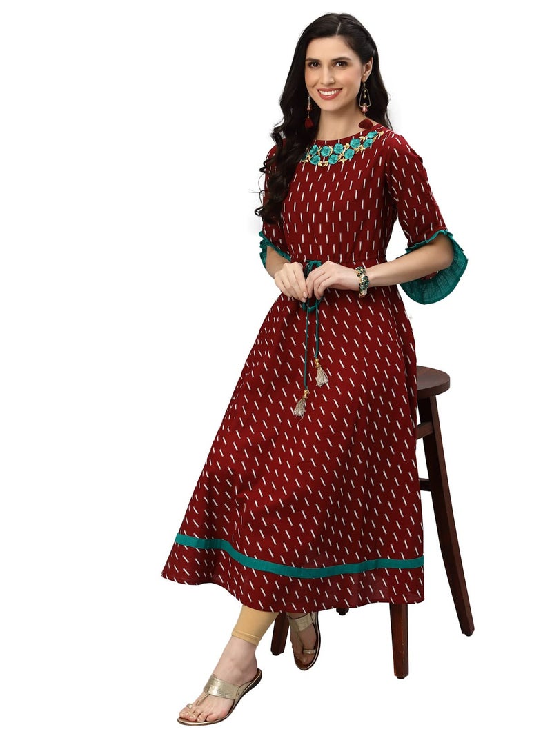 Yash Gallery Women's Cotton Ikat Print Flared Calf-Length Kurti Dress for Girl (Maroon, L) - Image 2