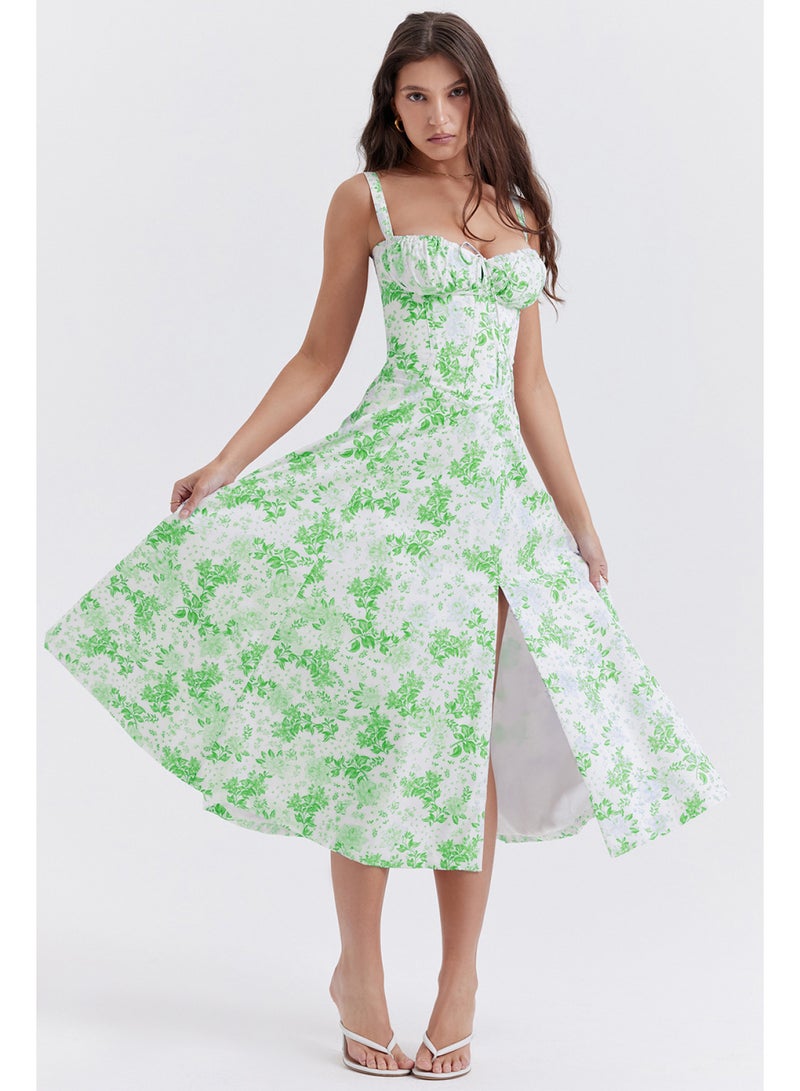 SCACTO Floral Print Bustier Top Lace Up Split Midi Dress 