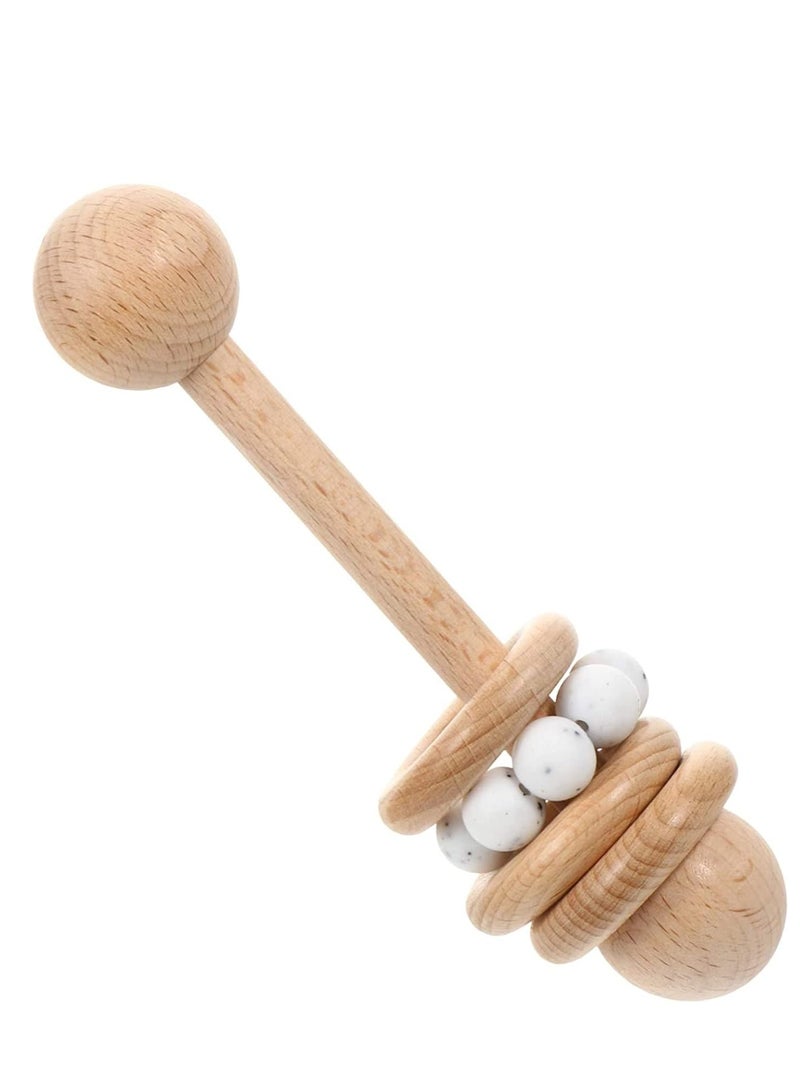 SYOSI Baby Wooden Toy Classic Rattle Perfect Montessori Grasping Teething Circlets with Pacifier Holder Clip for Babies White - Image 1