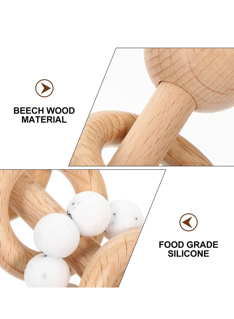 SYOSI Baby Wooden Toy Classic Rattle Perfect Montessori Grasping Teething Circlets with Pacifier Holder Clip for Babies White - Image 4