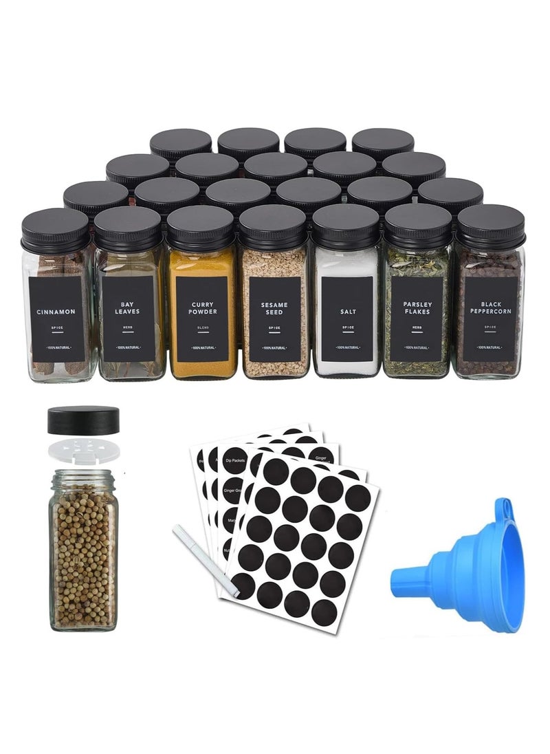 TYCOM Spice Jars with Labels for Kitchen Organizing Drawers 120 ml Glass Jars With Cleaning Brush and Collapsible Funnel Food Storage jars 24 Pcs with Transparent Jars and Black Lids.  - Image 1