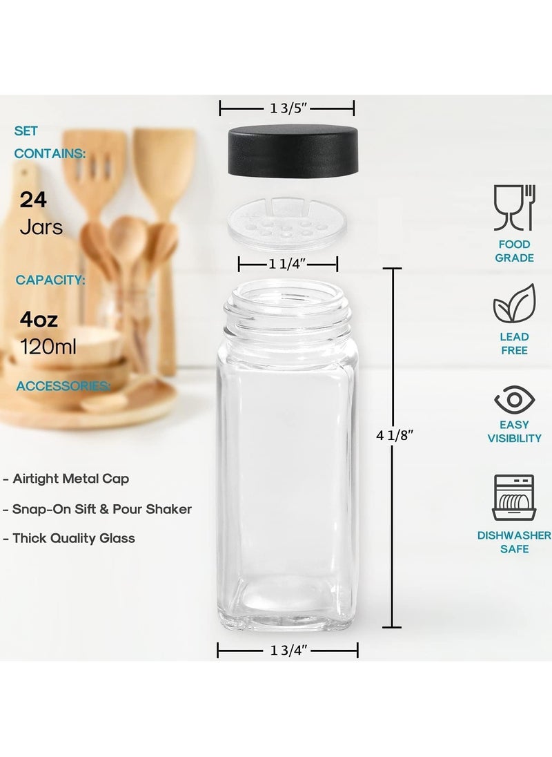 TYCOM Spice Jars with Labels for Kitchen Organizing Drawers 120 ml Glass Jars With Cleaning Brush and Collapsible Funnel Food Storage jars 24 Pcs with Transparent Jars and Black Lids.  - Image 3