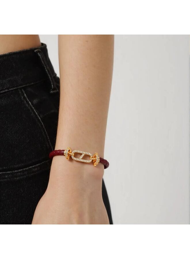 LAMAY Unisex Genuine Leather Braided 17cm Brown Bracelet with Cubic Zirconia - Image 5