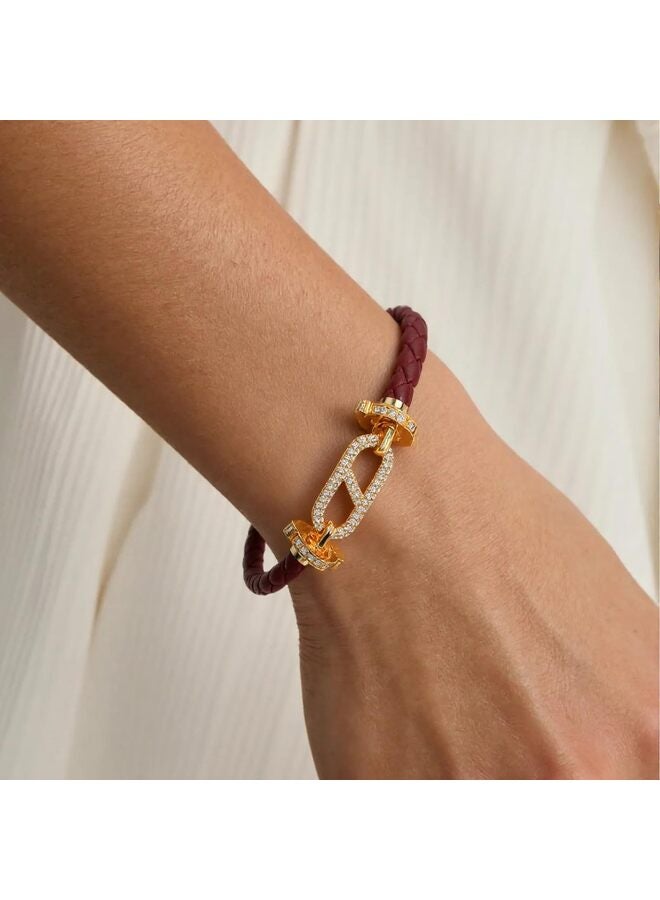 LAMAY Unisex Genuine Leather Braided 17cm Brown Bracelet with Cubic Zirconia - Image 4