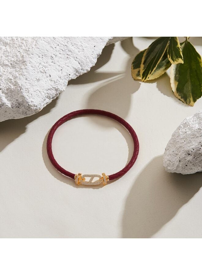 LAMAY Unisex Genuine Leather Braided 17cm Brown Bracelet with Cubic Zirconia - Image 2