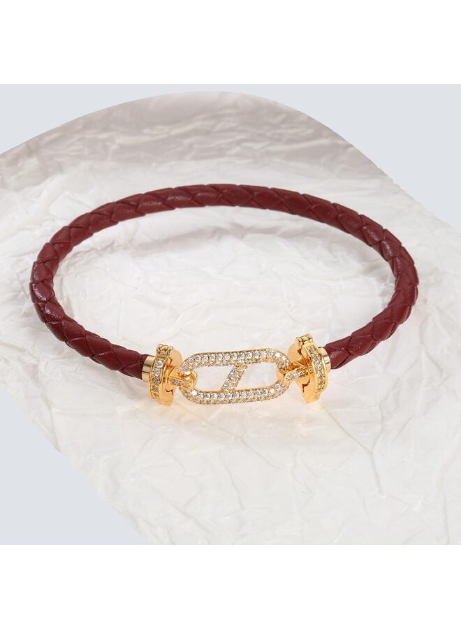 LAMAY Unisex Genuine Leather Braided 17cm Brown Bracelet with Cubic Zirconia - Image 3