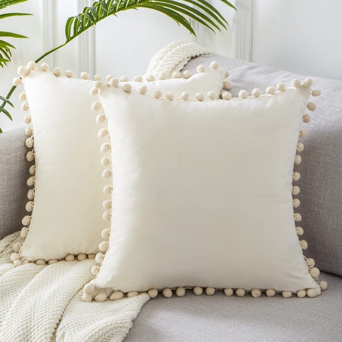 CUSHION COVERS 45X45BOHO CUSHION COVERS 18 X 18 INCHESCREAM VELVET POM POM SPRING SOFT CUSHION COVER WITH INVISIBLE ZIP FOR SOFA CHAIR LIVING ROOMPACK OF 2
