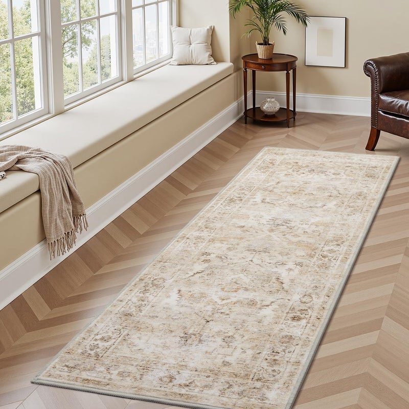 AMOAMI2X6 Runner RugWashable Runners for HallwaysSoft Non Slip Bedside Rugs for BedroomVintage Long Rug for Hallways Entryway Laundry Room Stair Kitchen Bathroom Beige - Image 2