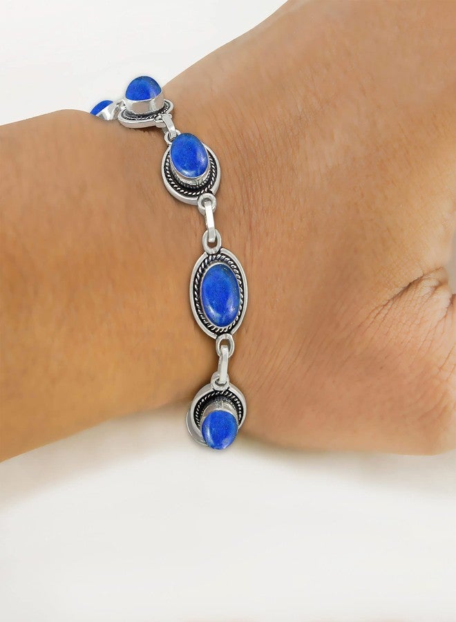 Sterling Silver Jewelry سوار سلسلة رابط قابل للتعديل من الفضة المطلية 925 مع حجر اللازورد الطبيعي للنساء - حجر الميلاد لشهر سبتمبر بشكل بيضاوي - مجوهرات يدوية للسوار - هدايا عيد الميلاد لها - Image 5