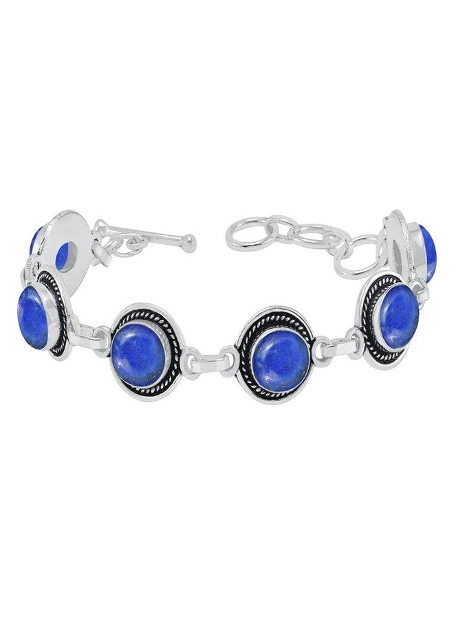 Sterling Silver Jewelry سوار سلسلة رابط قابل للتعديل من الفضة المطلية 925 مع حجر اللازورد الطبيعي للنساء - حجر الميلاد لشهر سبتمبر بشكل بيضاوي - مجوهرات يدوية للسوار - هدايا عيد الميلاد لها - Image 2