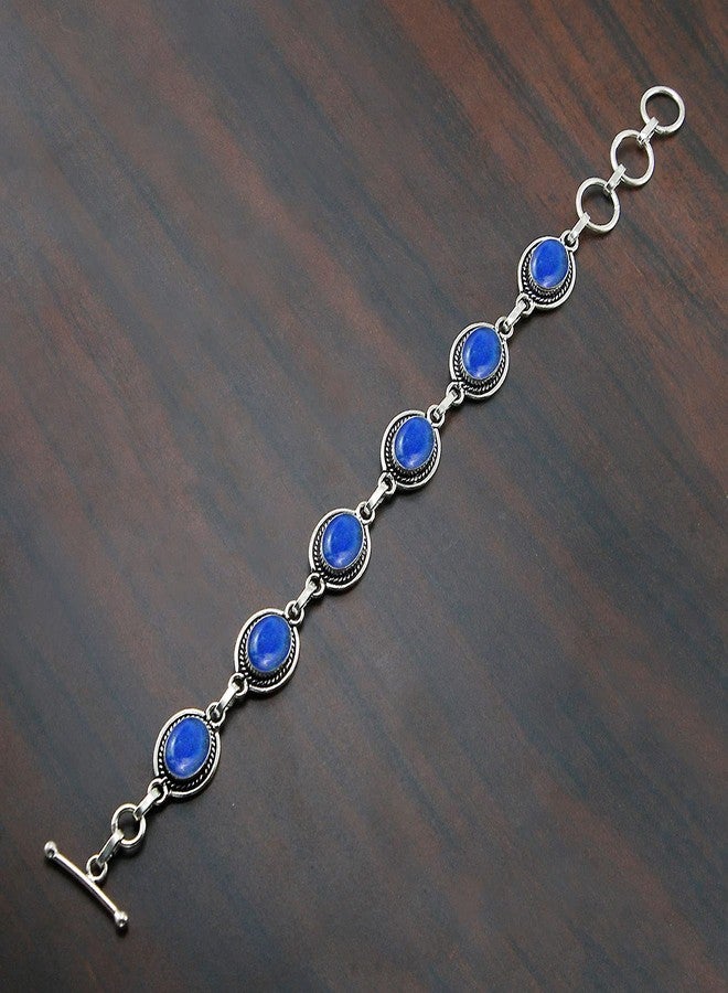 Sterling Silver Jewelry سوار سلسلة رابط قابل للتعديل من الفضة المطلية 925 مع حجر اللازورد الطبيعي للنساء - حجر الميلاد لشهر سبتمبر بشكل بيضاوي - مجوهرات يدوية للسوار - هدايا عيد الميلاد لها - Image 3