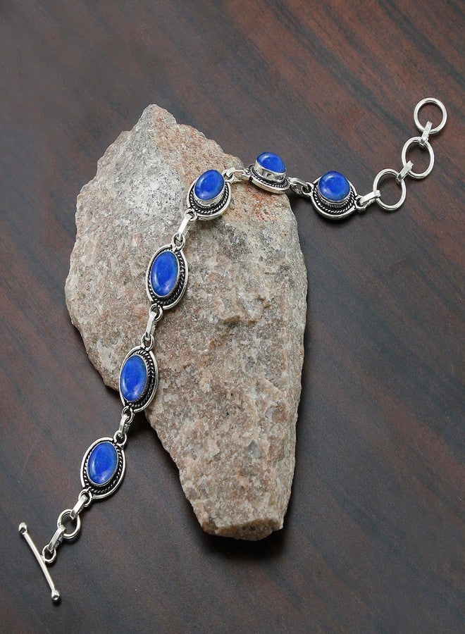 Sterling Silver Jewelry سوار سلسلة رابط قابل للتعديل من الفضة المطلية 925 مع حجر اللازورد الطبيعي للنساء - حجر الميلاد لشهر سبتمبر بشكل بيضاوي - مجوهرات يدوية للسوار - هدايا عيد الميلاد لها - Image 4